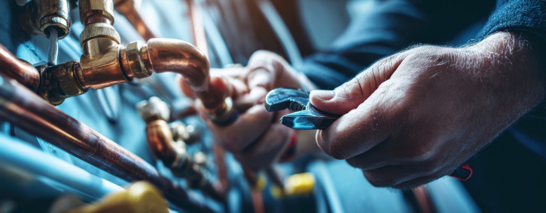 Experienced operator servicing copper piping with a wrench